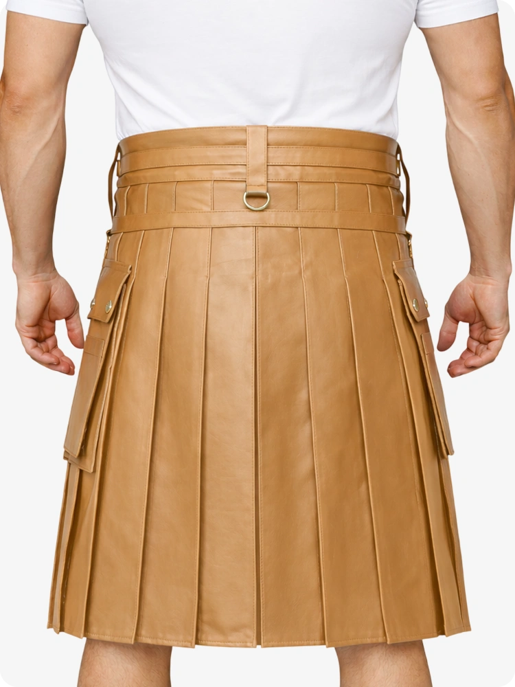 Tan Leather Utility Kilt with Chain Detailing & Adjustable Straps