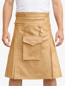 Tan leather skirt with gold accents on a white background