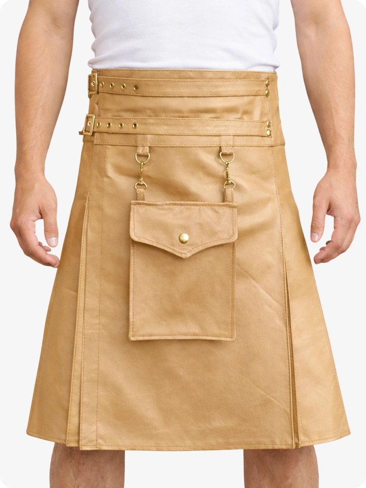 Tan leather skirt with gold accents on a white background