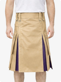 Tan Leather Utility Kilt with Purple Pleats, Side Pockets & D-Ring Hardware