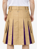 Tan kilt with purple lining worn by a person on a white background