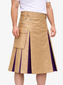 Tan skirt with purple accents worn by a person on a white background