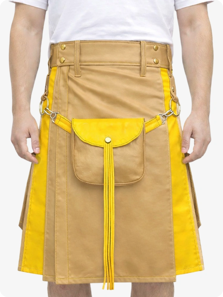 Person wearing a tan and yellow skirt with a front pocket and tassels on a white background