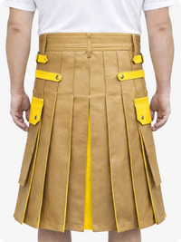 Tan kilt with yellow accents worn by a person on a white background
