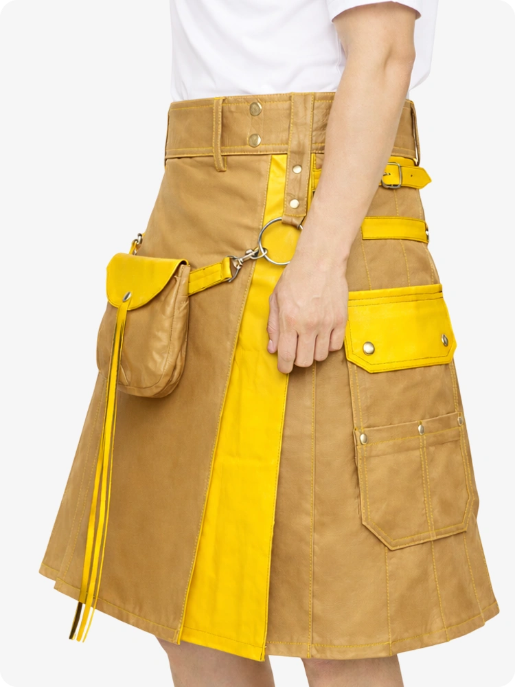 Tan and yellow skirt with pockets on a white background