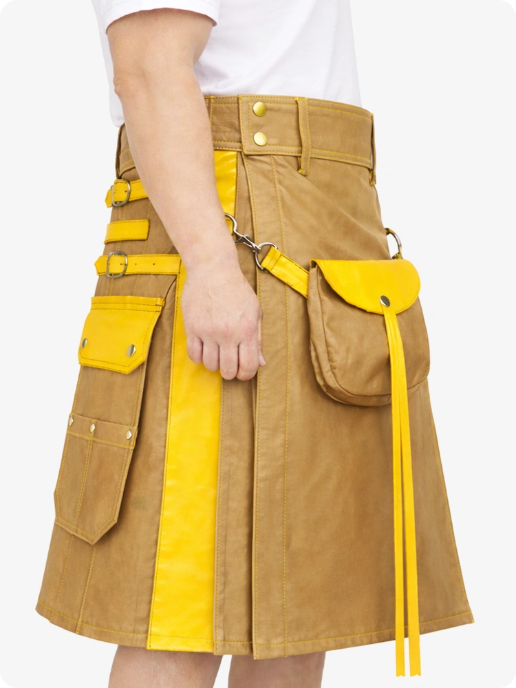 Brown skirt with yellow accents and a belt on a white background