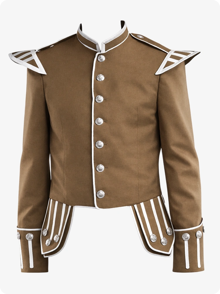 Giacca Doublet Militare Scozzese Tan con Rifiniture Argento e Spalline