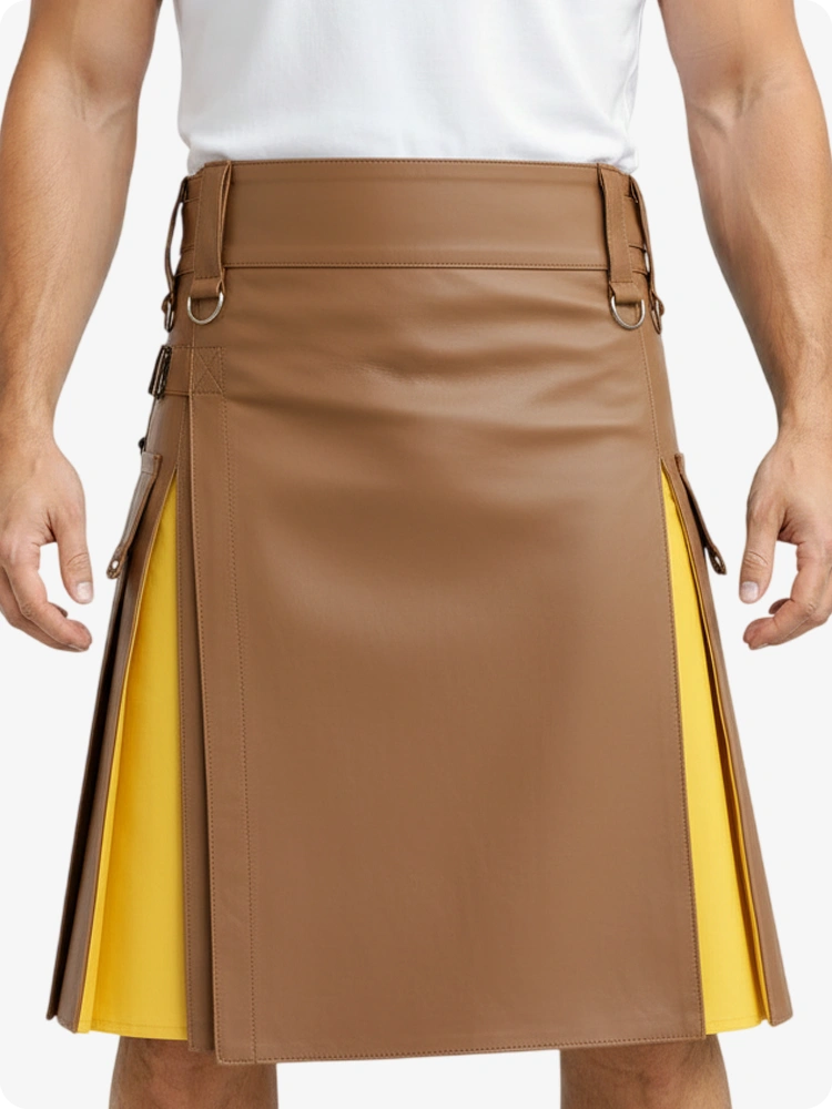 Kilt in pelle tan e giallo con tasche cargo