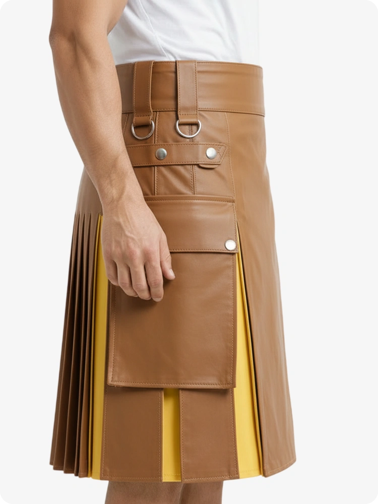 Kilt in pelle tan e giallo con tasche cargo