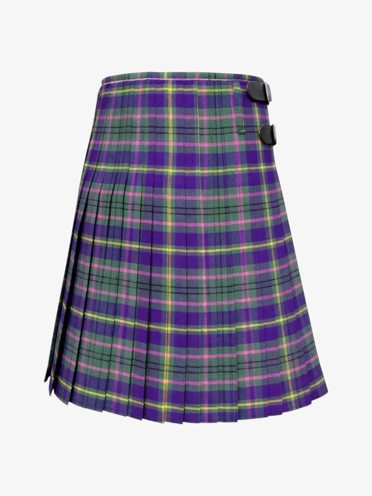 Plaid kilt with purple, green, and pink colors on a white background