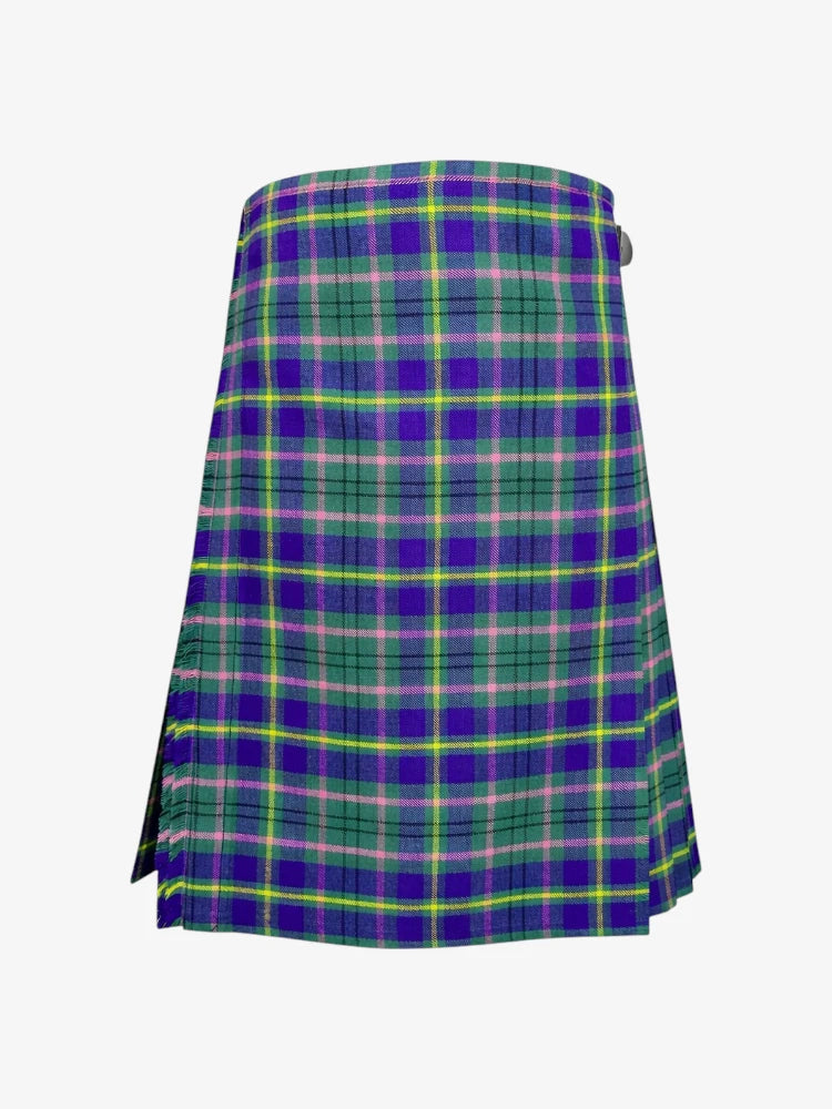 Plaid kilt with green, purple, and pink colors on a white background