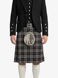 Person wearing a black jacket, vest, and plaid kilt with a silver sporran on a white background