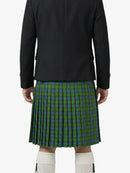 Person wearing a black jacket and green plaid kilt on a white background
