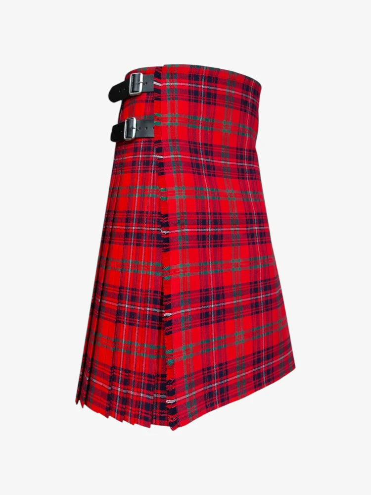 Red plaid kilt with black straps on a white background