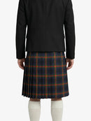 Person wearing a black jacket and plaid kilt on a white background