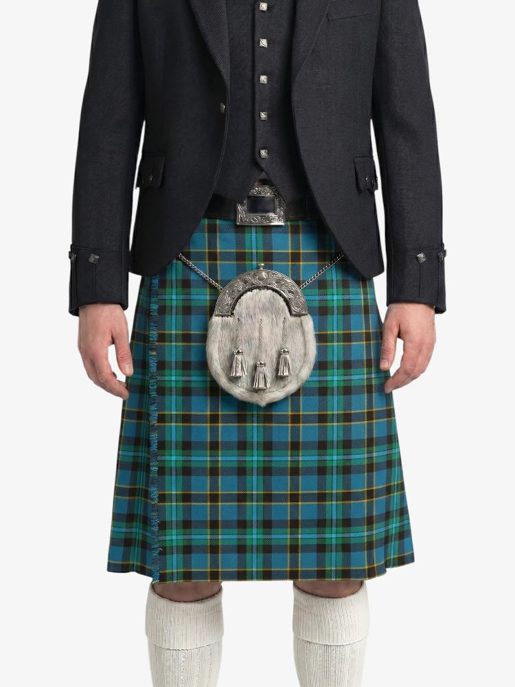 Person wearing a blue plaid kilt with a tartan sporran on a white background