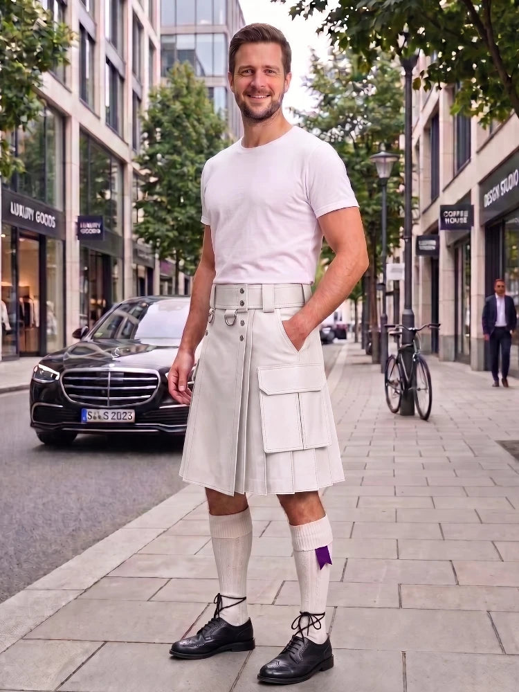 A man stands on a city sidewalk wearing a white short-sleeve t-shirt and a pleated white kilt-style skirt with a matching belt, paired with white knee-high socks and black lace-up shoes. Buildings, trees, a parked black car, and a bicycle are visible in the urban street setting.