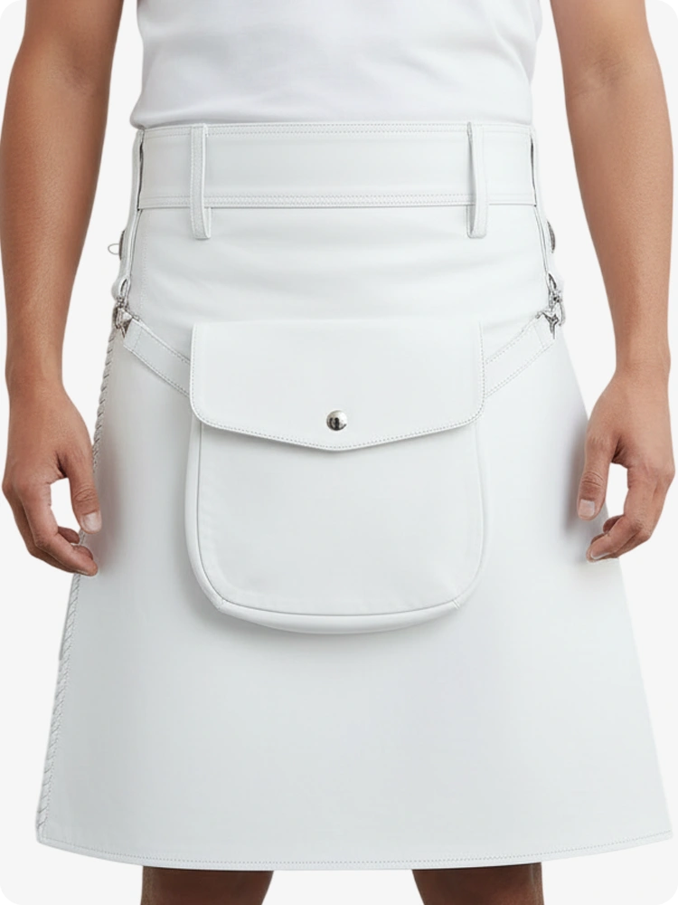 Kilt in pelle pieghettato bianco con passanti cintura e cinghie laterali