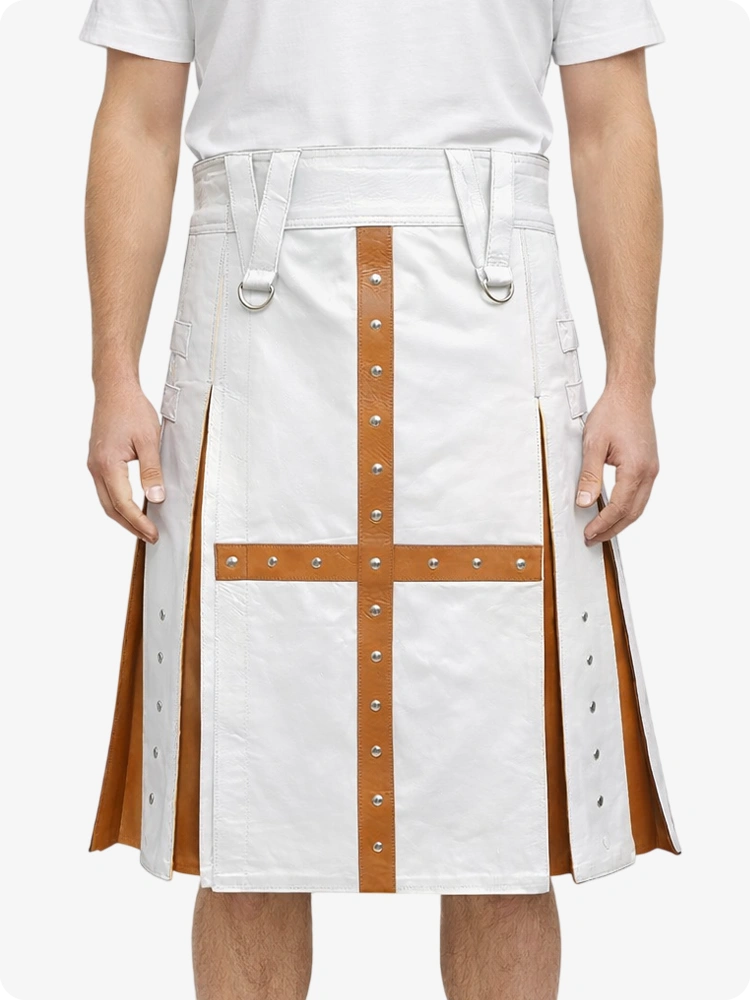 White Leather Utility Kilt with Brown Cross Panel & Metal Rivet Detailing