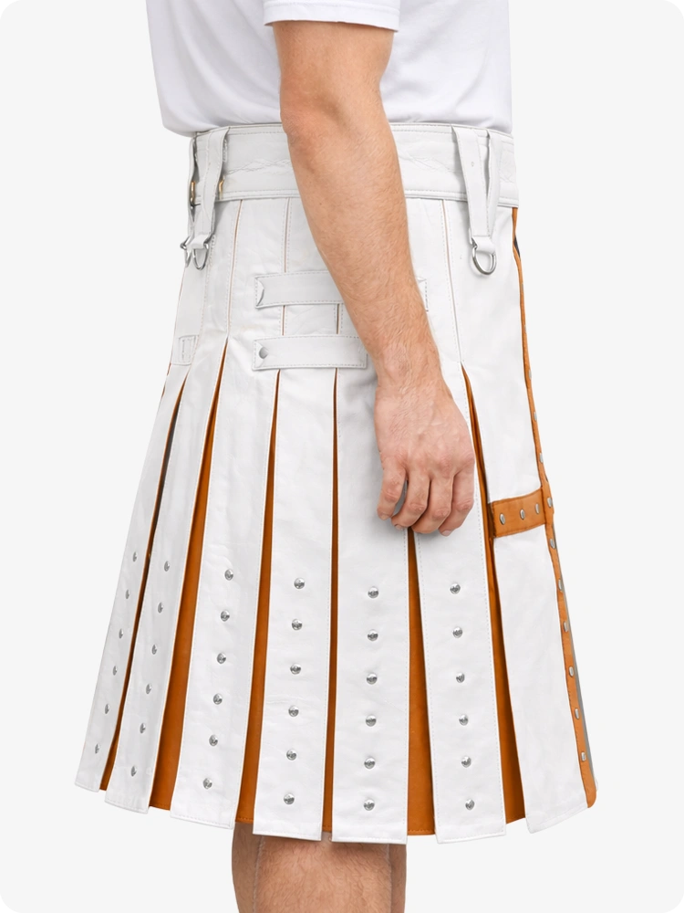 White Leather Utility Kilt with Brown Cross Panel & Metal Rivet Detailing