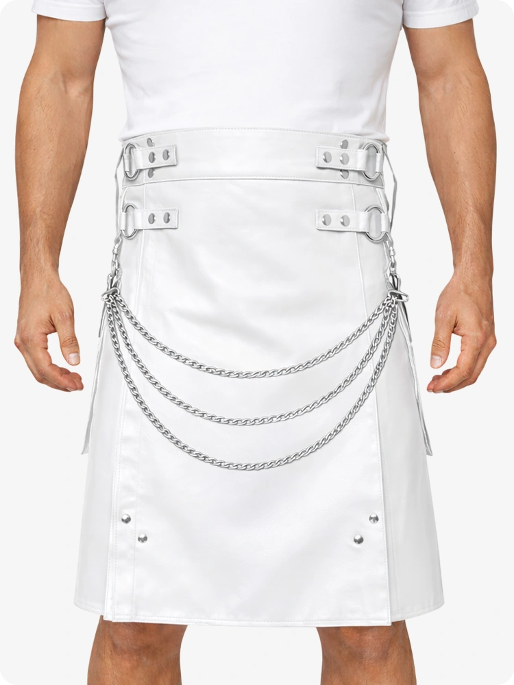 White Leather Utility Kilt with Chain Detailing & Adjustable Straps