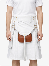 Person wearing a white Leather Kilt with a brown leather bag on a white background