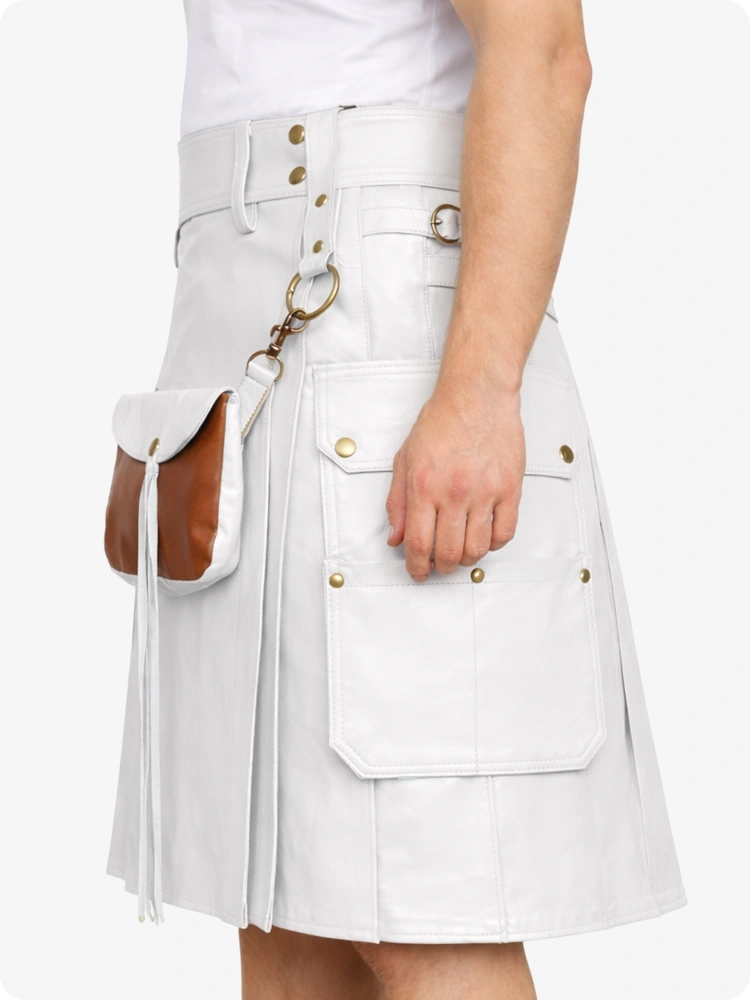 White skirt with gold buttons and a brown leather bag held by a person on a white background