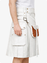 White Leather kilt with a brown leather bag on a white background