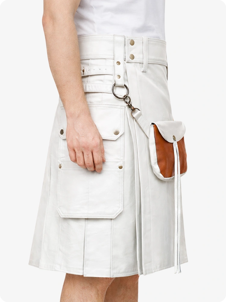 Kilt utility in pelle bianca con sporran frontale