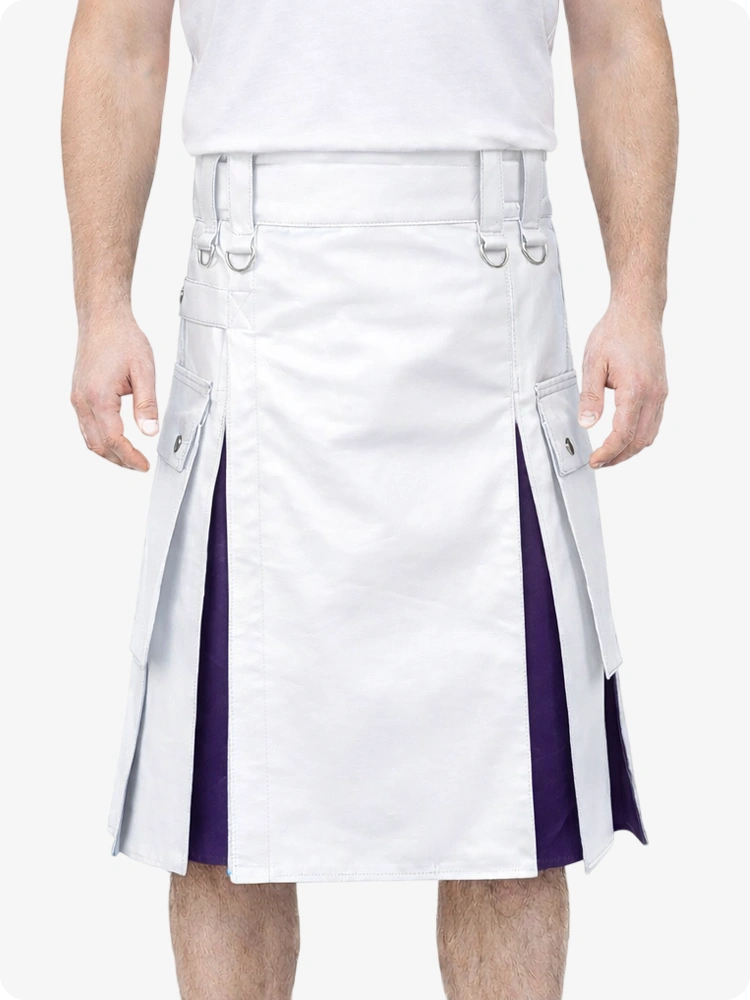 White Leather Utility Kilt with Purple Pleats, Side Pockets & D-Ring Hardware