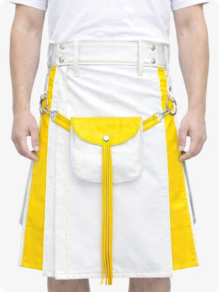 White Leather Utility Kilt with Yellow Accents & Detachable Pockets