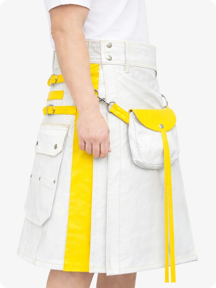 White Leather Utility Kilt with Yellow Accents & Detachable Pockets