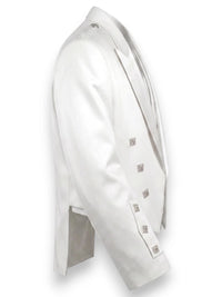 A white double-breasted tuxedo jacket shown from a side profile view, featuring decorative silver-toned studs on the front and lapels, set against a plain white background.