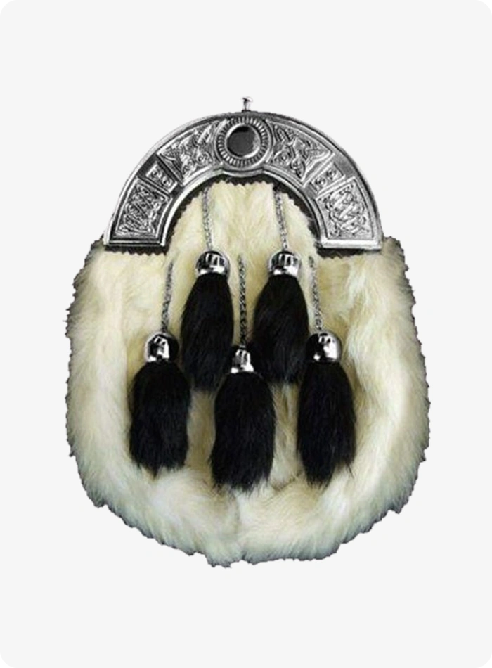 White Rabbit Fur Sporran With 5 Black Fur Tassels