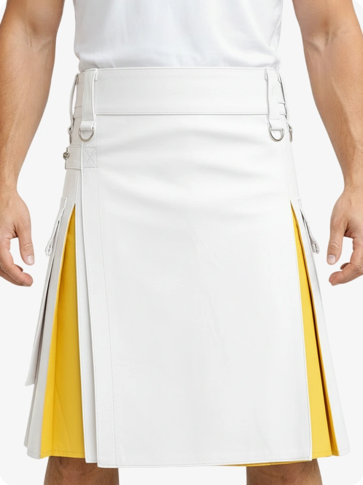 Kilt in pelle bianco e giallo con tasche cargo