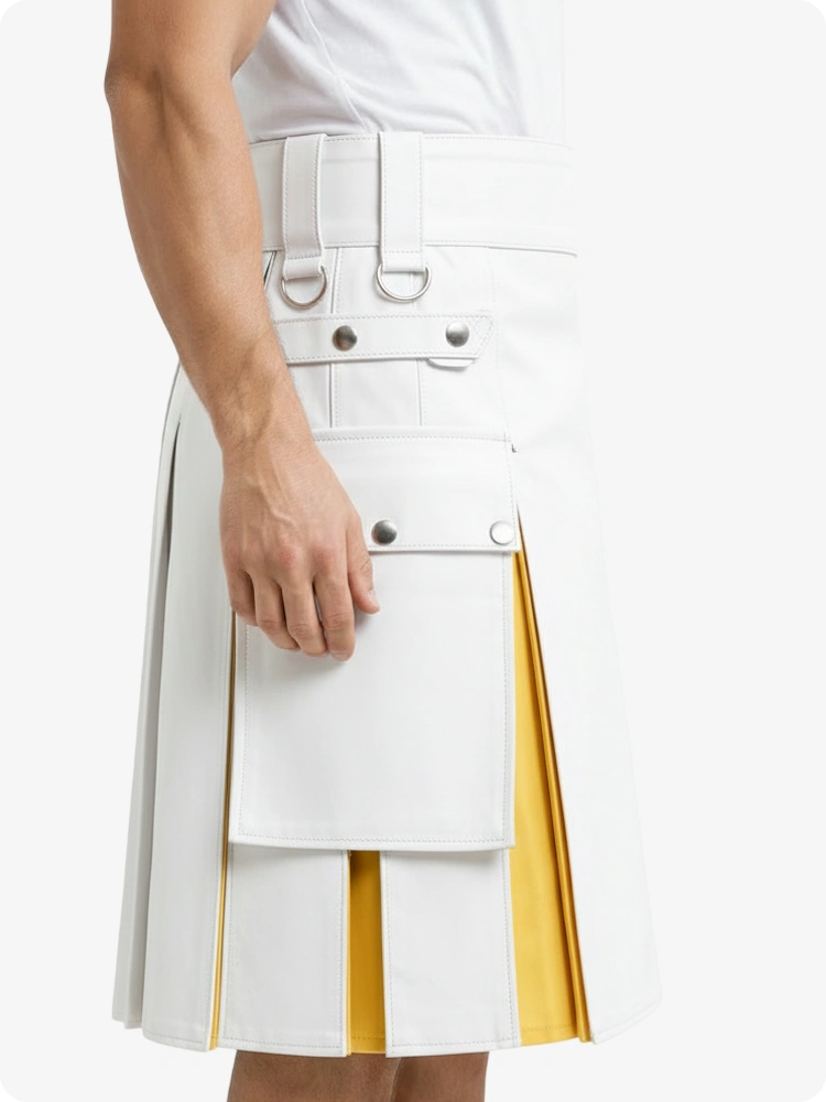 Kilt in pelle bianco e giallo con tasche cargo