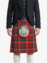 Person wearing a red and green plaid kilt with a silver sporran on a white background