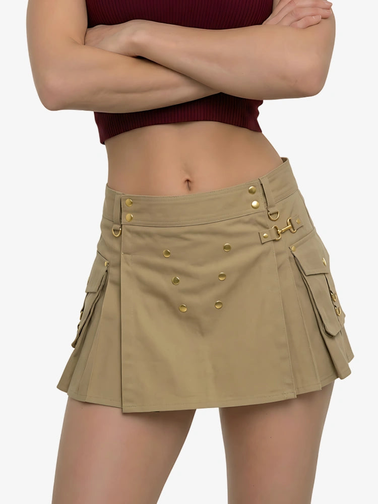 Kilt utility kaki da donna con bottone dorato