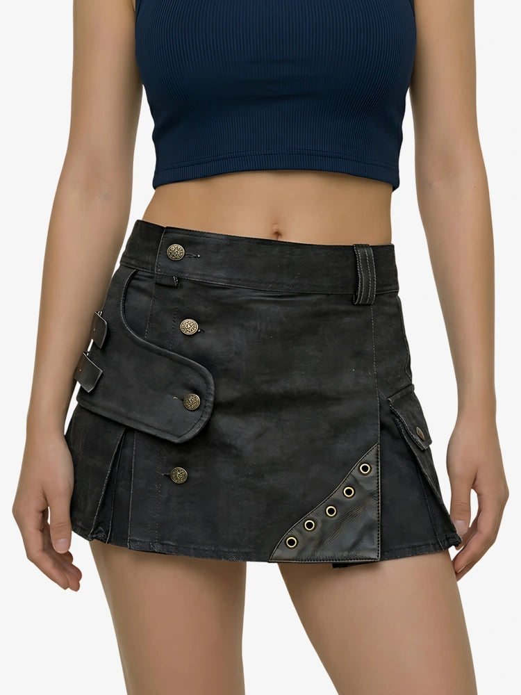 Kilt utility in denim nero con cinghie da donna