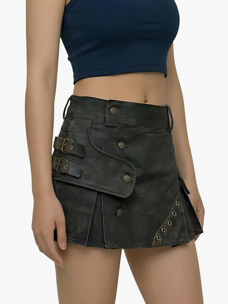 Kilt utility in denim nero con cinghie da donna