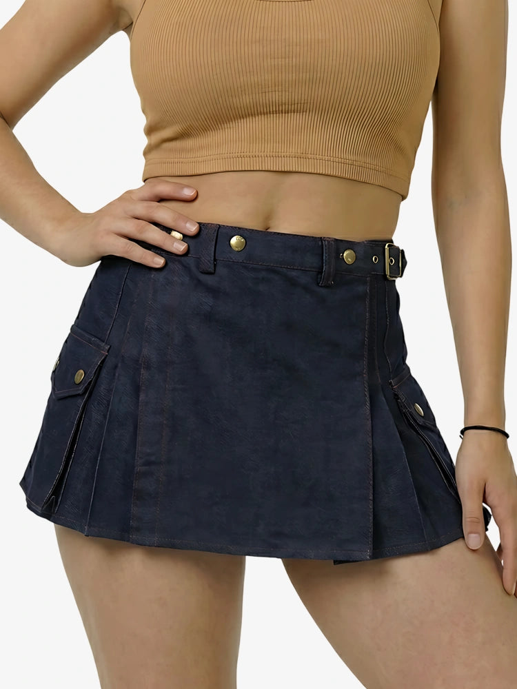Kilt in denim blu navy con filo rosso da donna