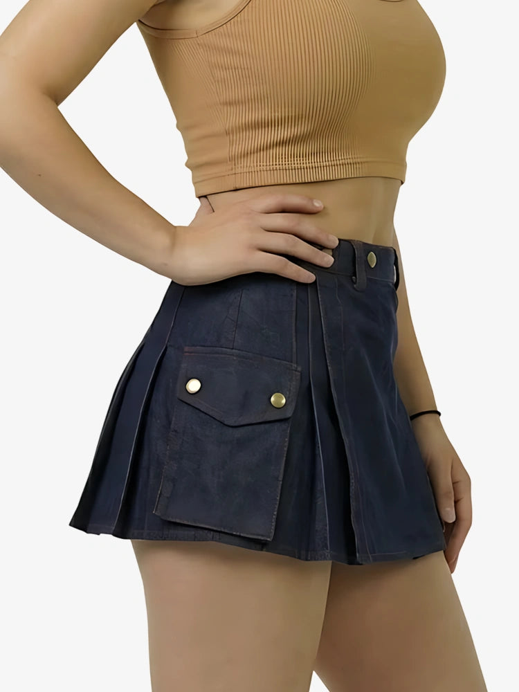Kilt in denim blu navy con filo rosso da donna