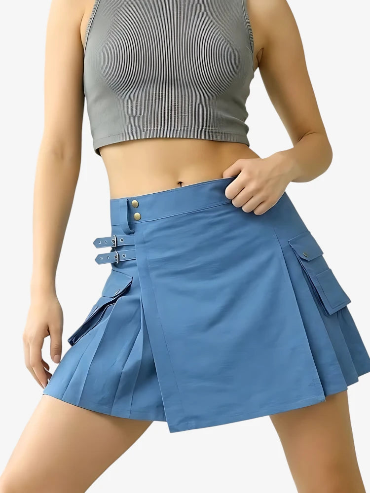 Kilt in Denim Blu da Donna con Cinghie Regolabili