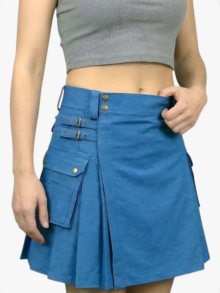 Kilt in Denim Blu da Donna con Cinghie Regolabili