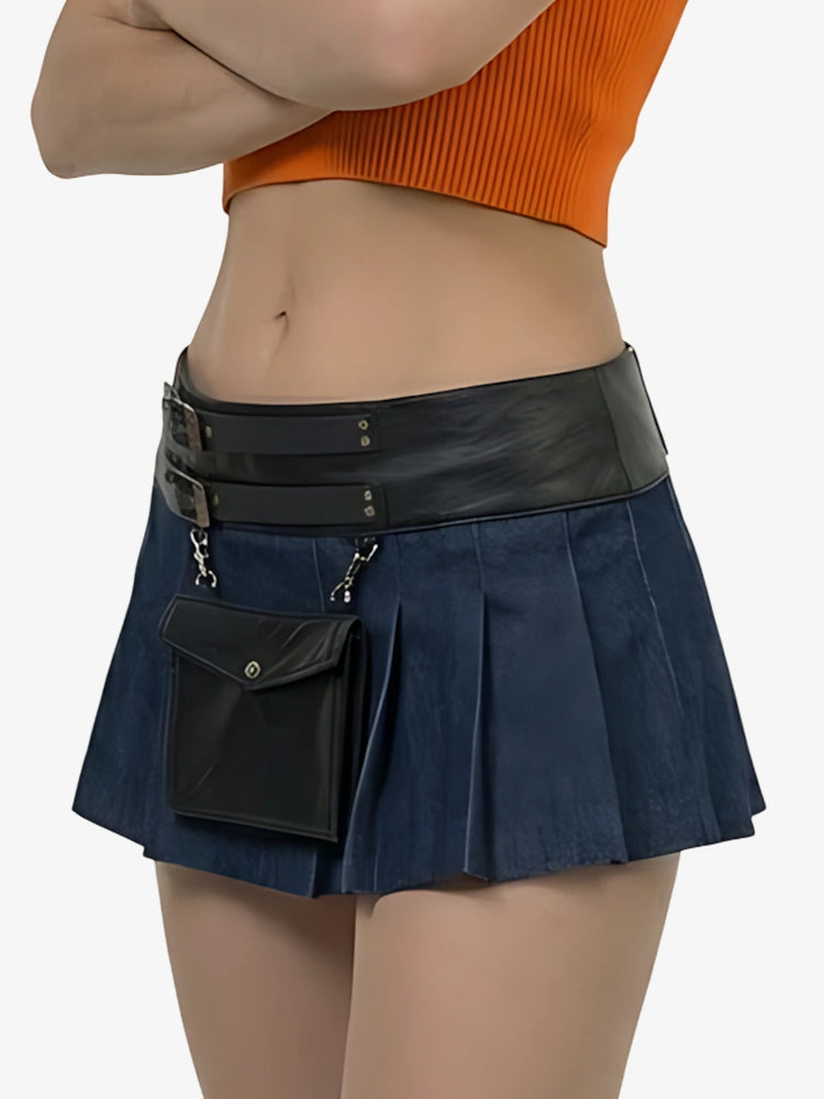 Kilt utility in denim blu con pelle da donna