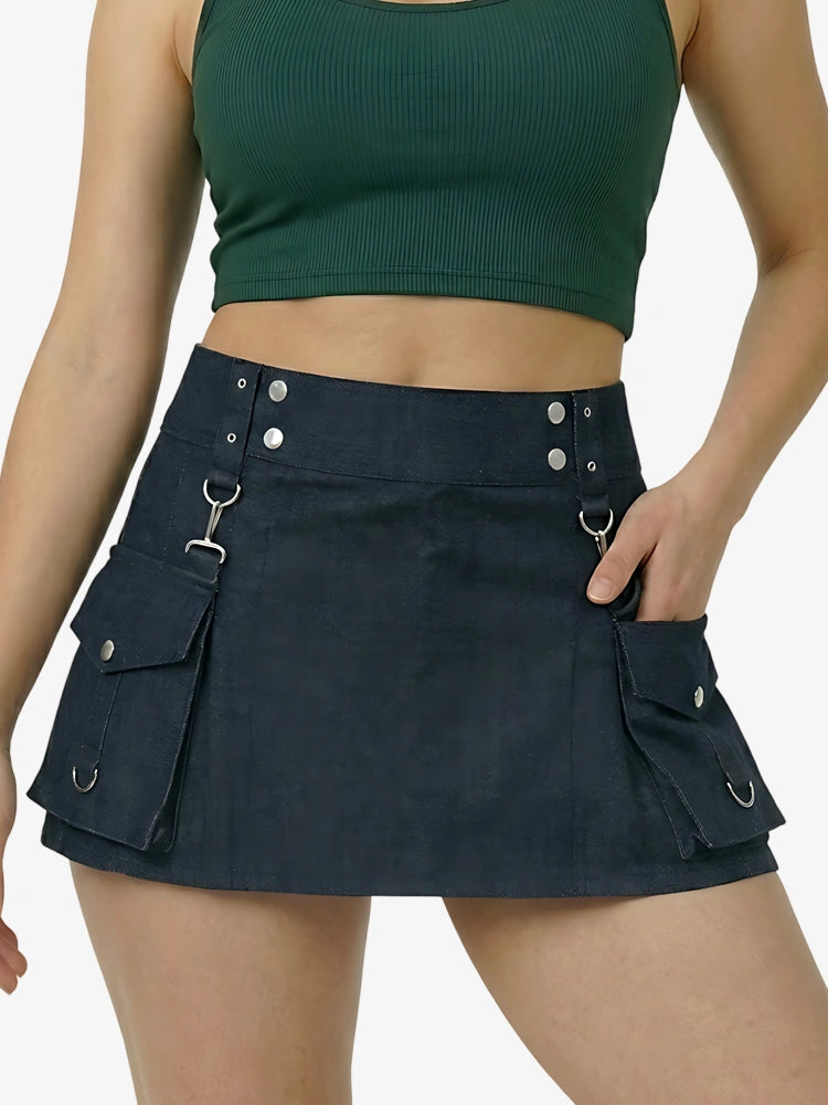 Kilt in denim blu con fibbie da donna