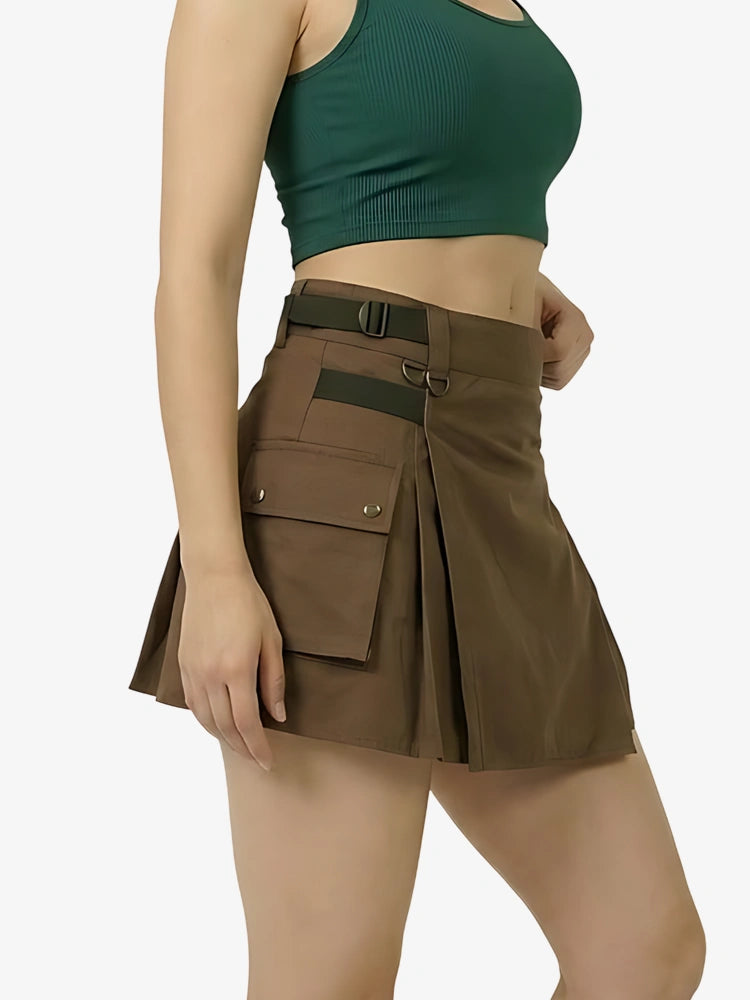 Kilt utility marrone con cinghie in pelle da donna