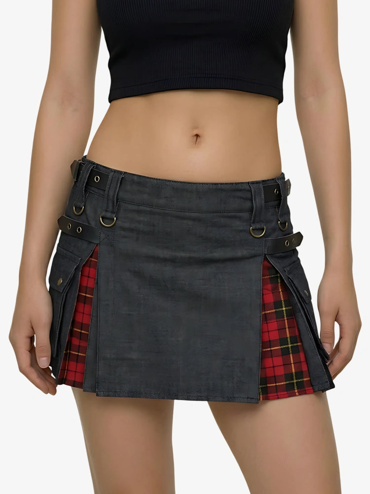 Kilt in denim nero scozzese da donna