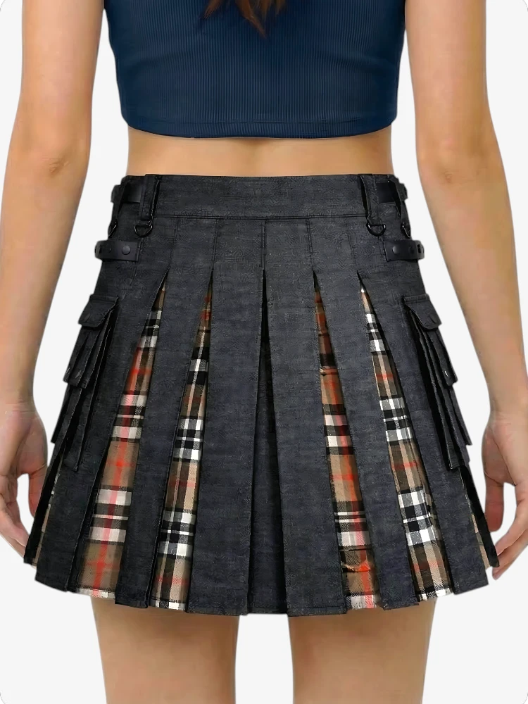Women Campbell Tartan Black Denim Kilt