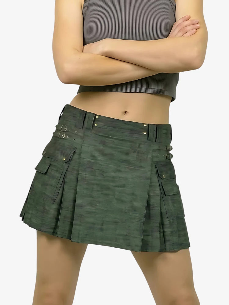 Kilt in Denim Verde Oliva Scuro da Donna con Tasca Cargo
